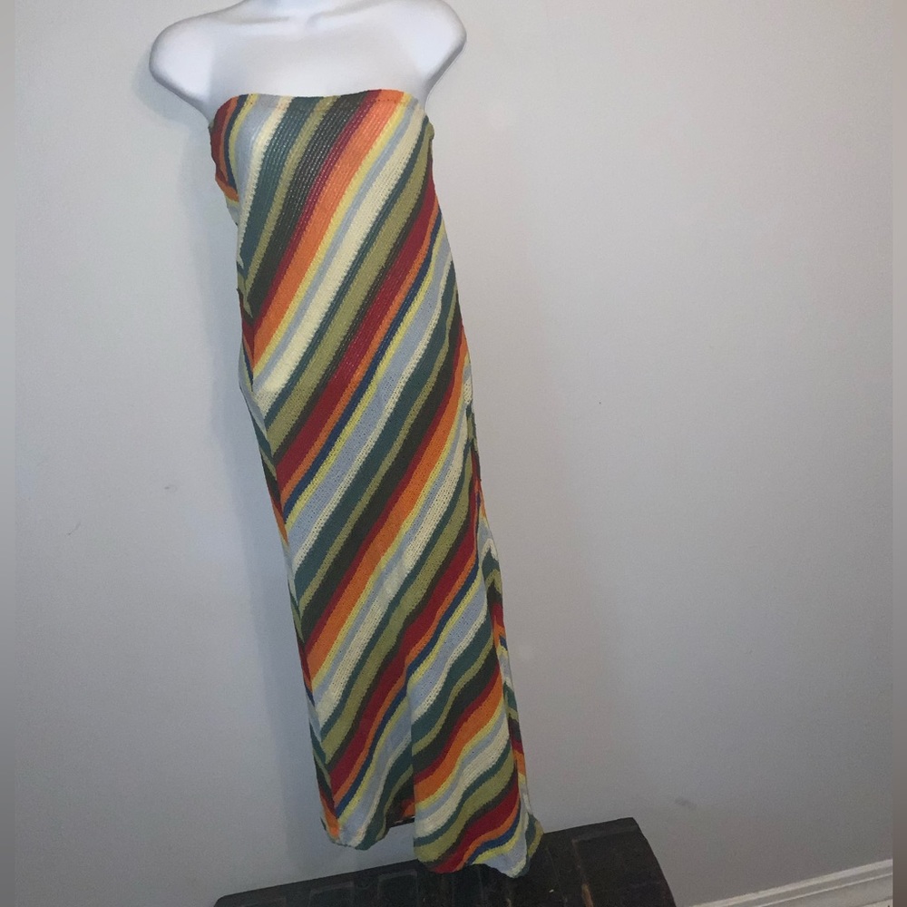 Vintage Boho Rainbow Striped Strapless Maxi Sundress Sz S/M